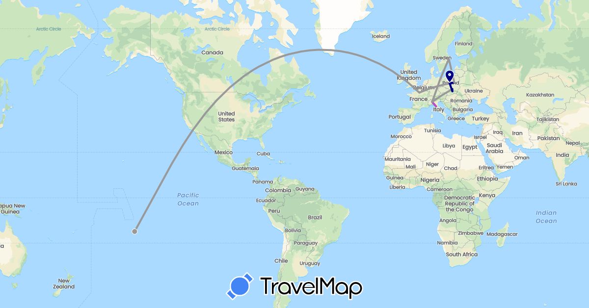 TravelMap itinerary: driving, plane, train in France, Italy, French Polynesia, Poland, Sweden, United States (Europe, North America, Oceania)